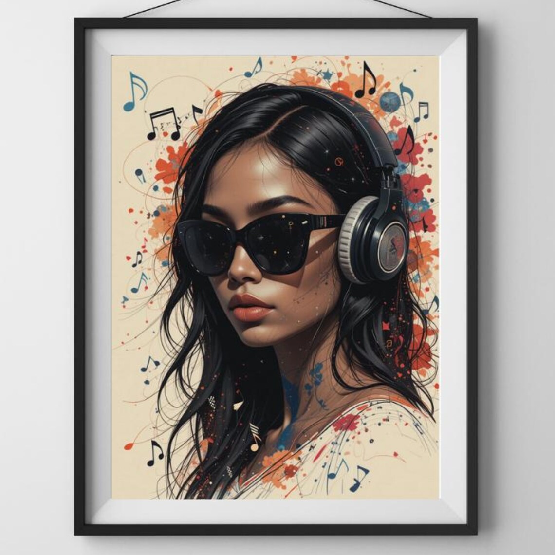 Woman in Sunglasses with Headphones Music Splash Portrait Poster