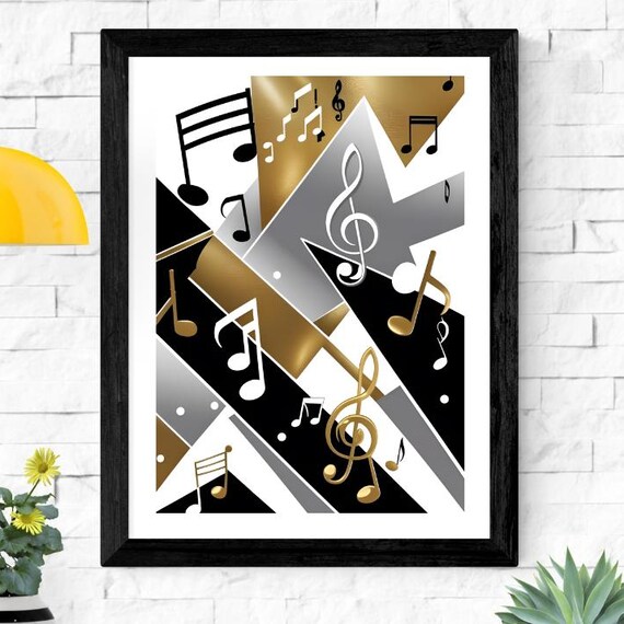 Modern Abstract Music Notes Poster Midcentury Wall Art Bold Geometric Shapes And Musical Symbols Gold Silver Artwork Jazzinspired Decor