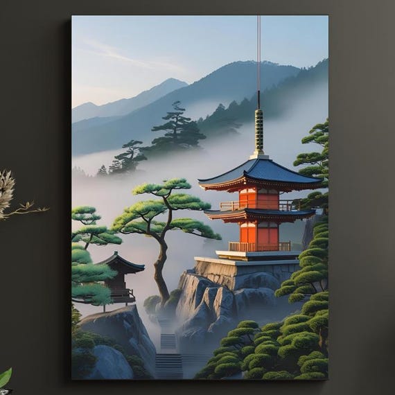 Glowing Orange Pagoda on Misty Cliff with Japanese Zen Poster