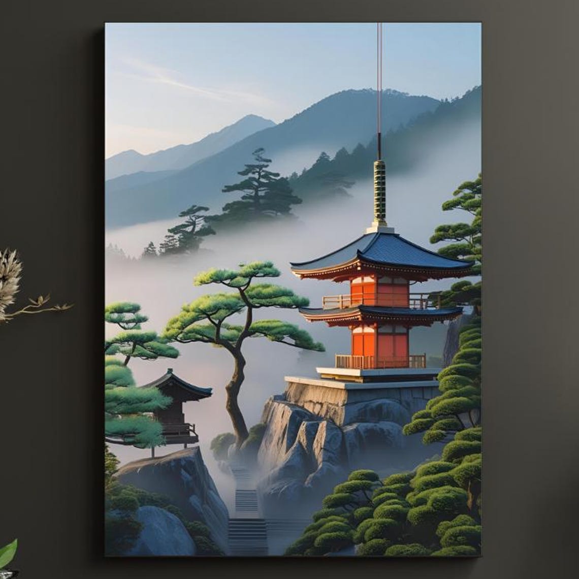Glowing Orange Pagoda on Misty Cliff with Japanese Zen Poster