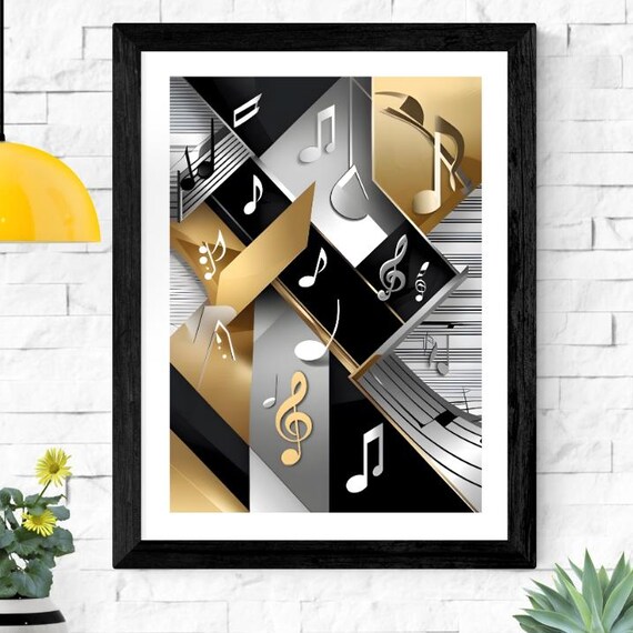 Modern Abstract Music Notes Poster Midcentury Wall Art Bold Geometric Shapes And Musical Symbols Gold Silver Artwork Jazzinspired Decor
