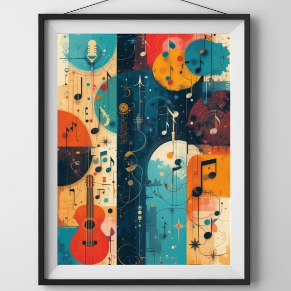 Modern Abstract Music Notes Poster Midcentury Wall Art With Bold Geometric Shapes And Colour Musical Symbols Artwork Jazzinspired Decor