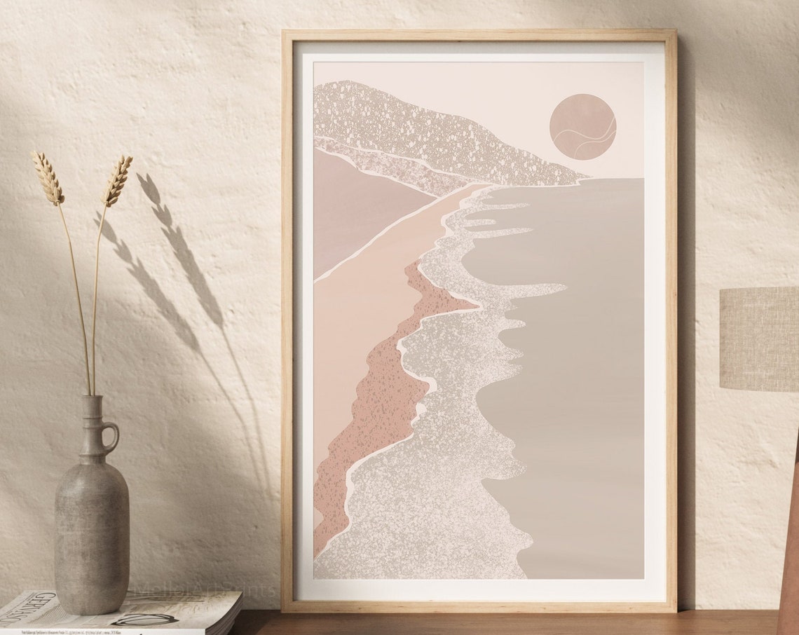 Neutral Beach Coastline Art Beige Ocean Waves Sun Modern Wall Poster - Image 3