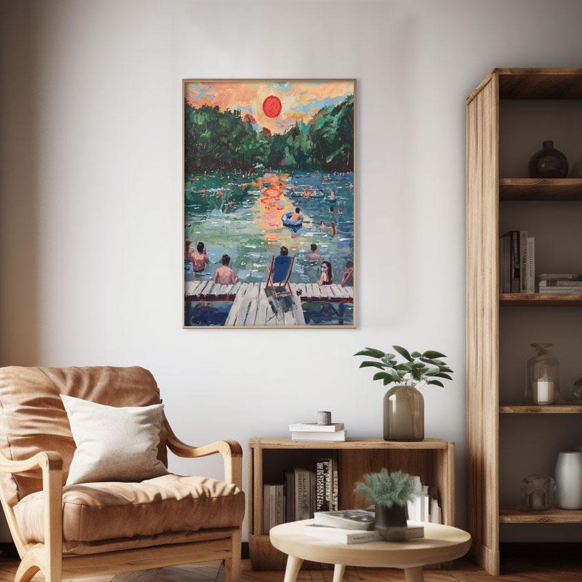 Bright Sunset Lake Swimming Scene Impressionist Painting Poster - Image 2