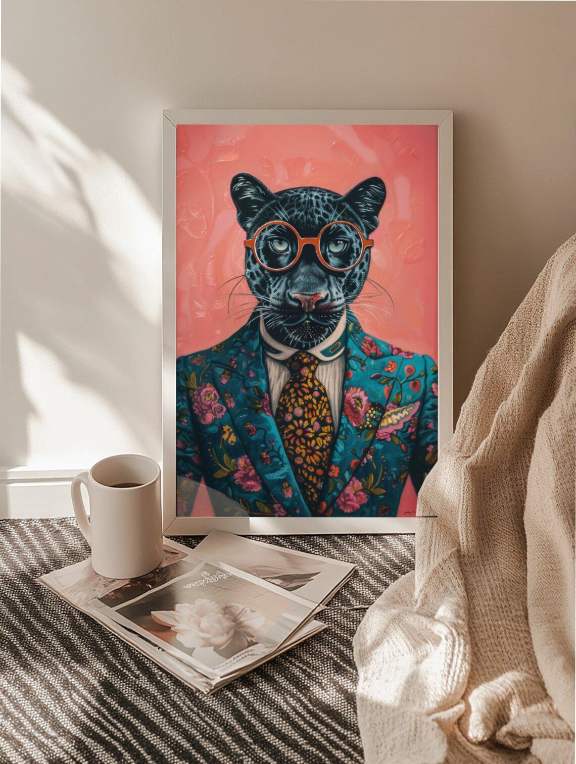 Dapper Panther In Orange Glasses Floral Suit Fun Animal Art Poster - Image 2