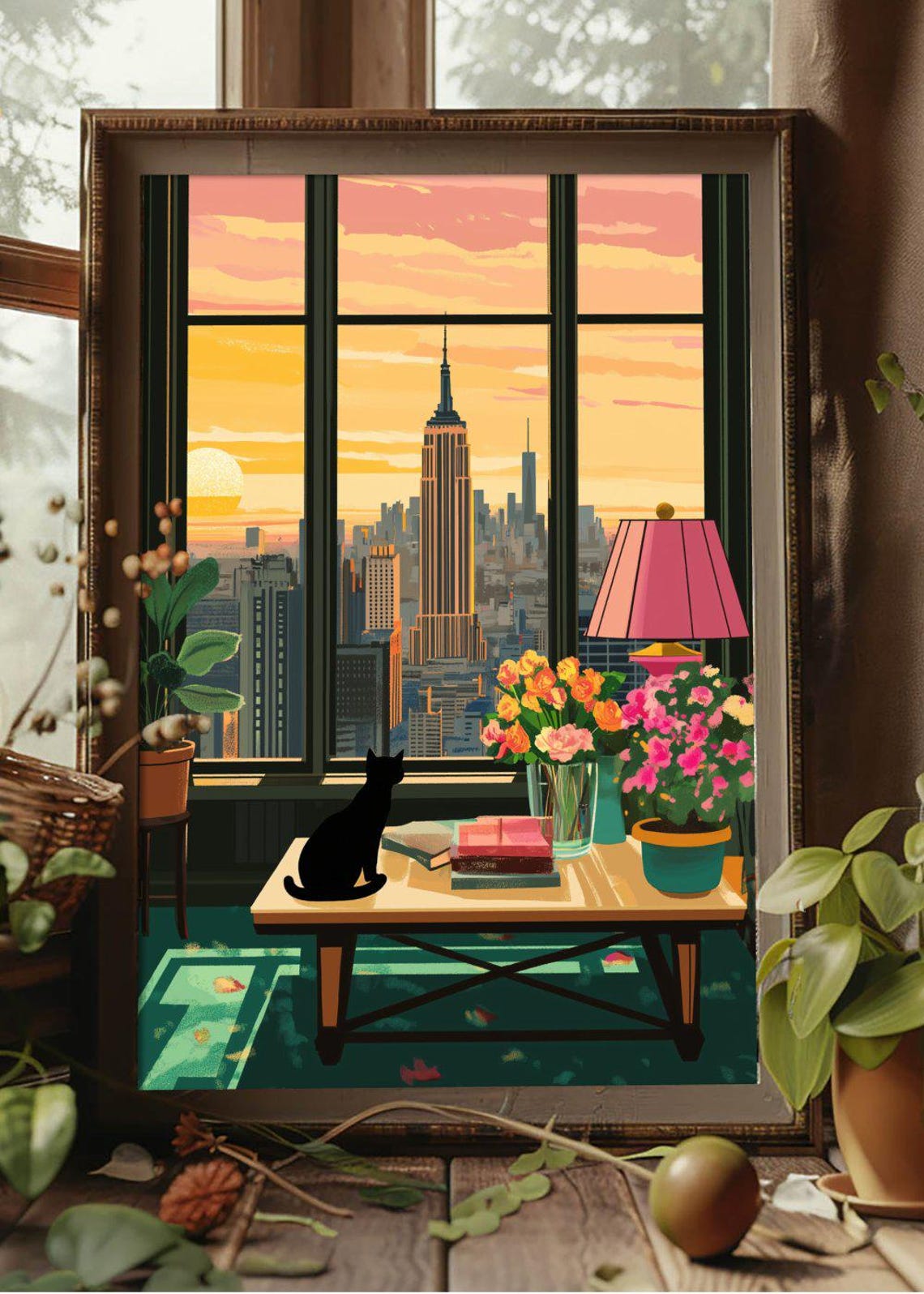 Black Cat by Window at Sunset Over New York City Skyline Poster - Image 2