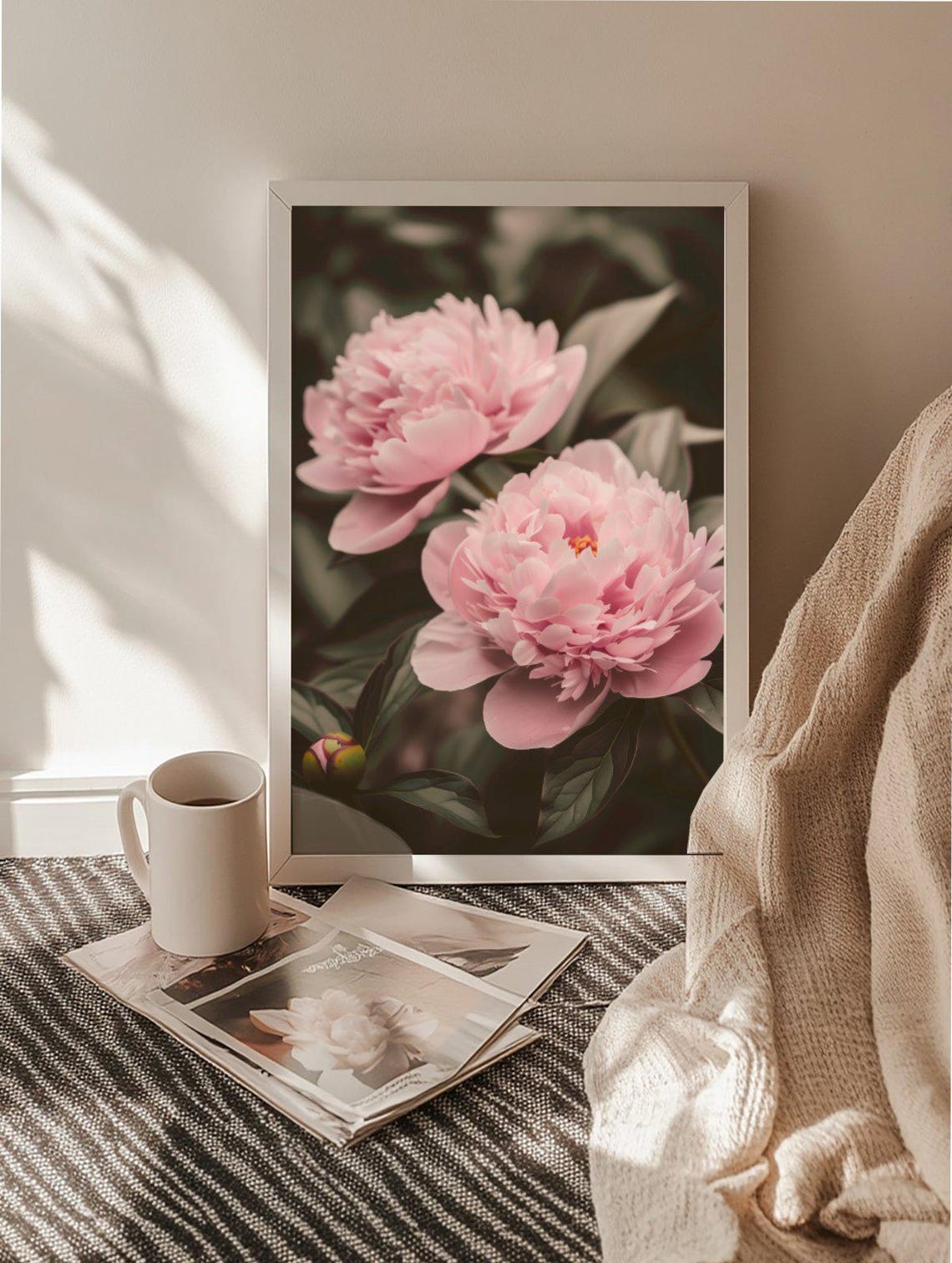 Pink Peonies Blooming Garden Moody Botanical Floral Art Poster - Image 2