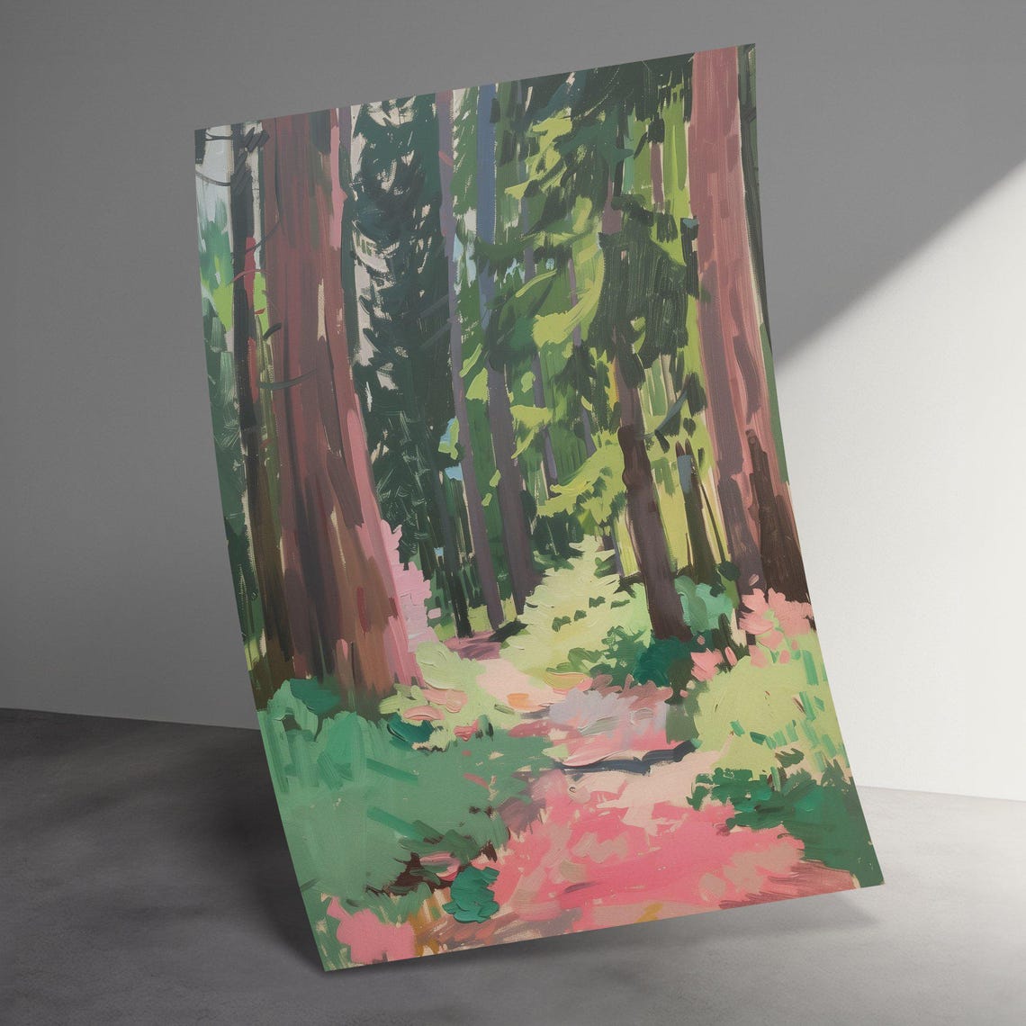 Serene Forest Path Redwoods Dappled Light Nature Painting Poster - Image 3