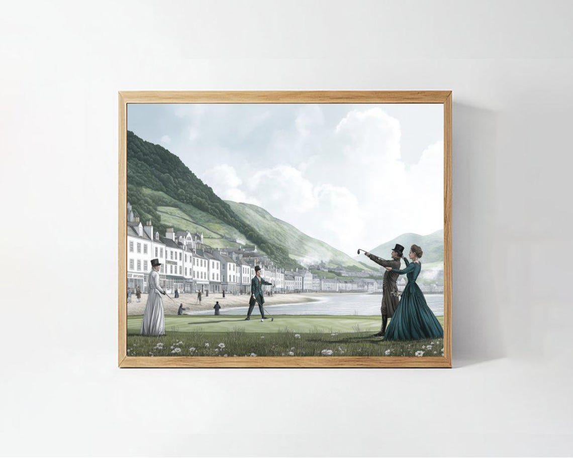 Victorian Golfers on Seaside Links Coastal Town Painting Poster