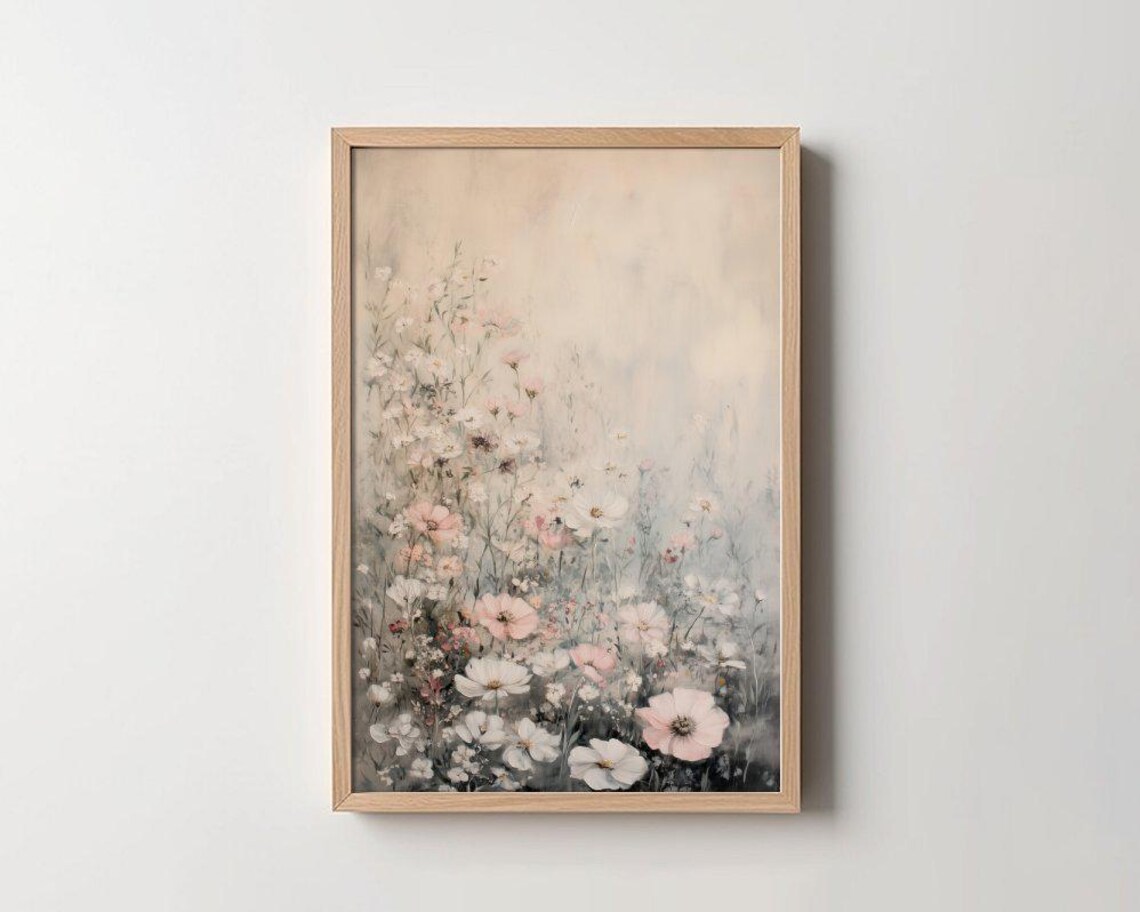 Pastel Wildflower Field Soft Blush Misty Floral Meadow Art Poster