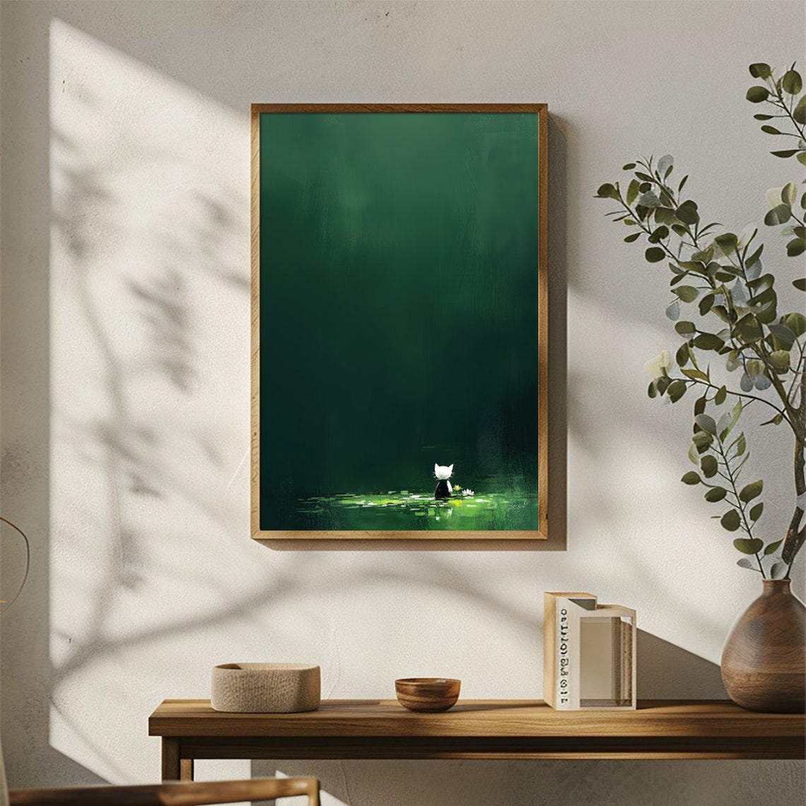 Tiny White Cat On Lily Pad Green Forest Pond Minimal Art Poster - Image 3