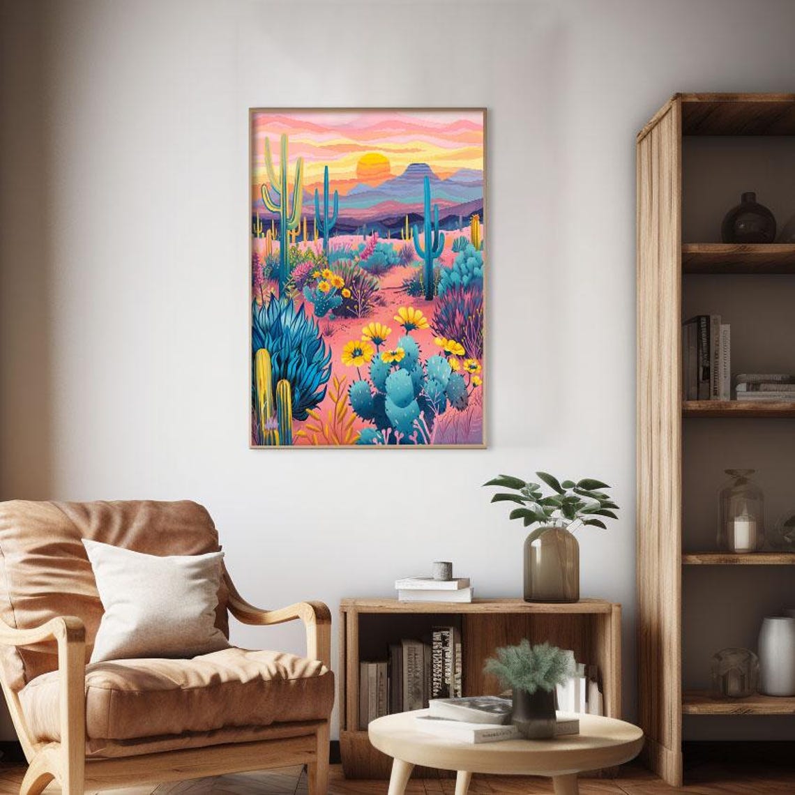 Soft Desert Bloom Pastel Cactus Garden Sunrise Landscape Poster - Image 2