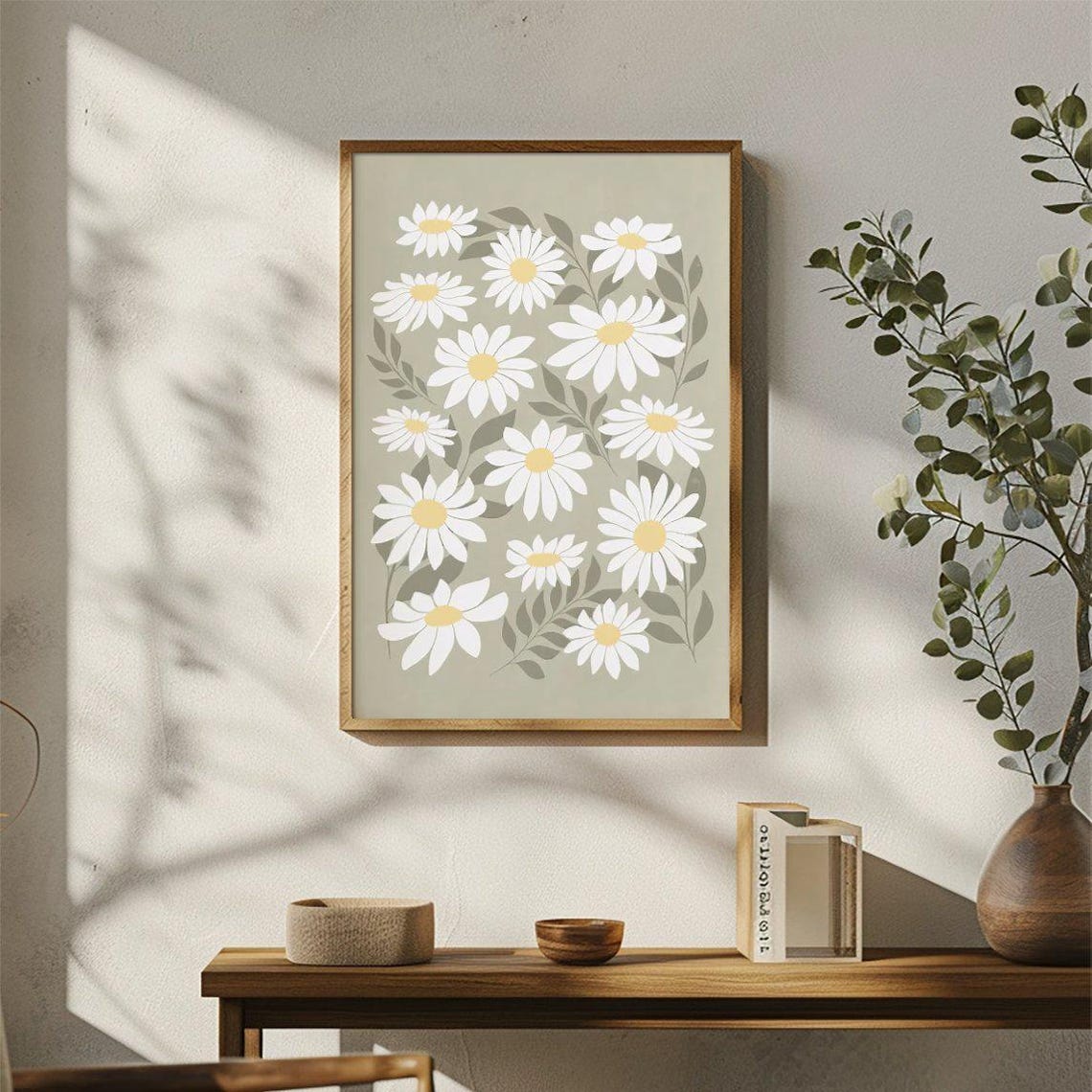 Minimalist White Daisies Sage Green Botanical Floral Art Poster - Image 3