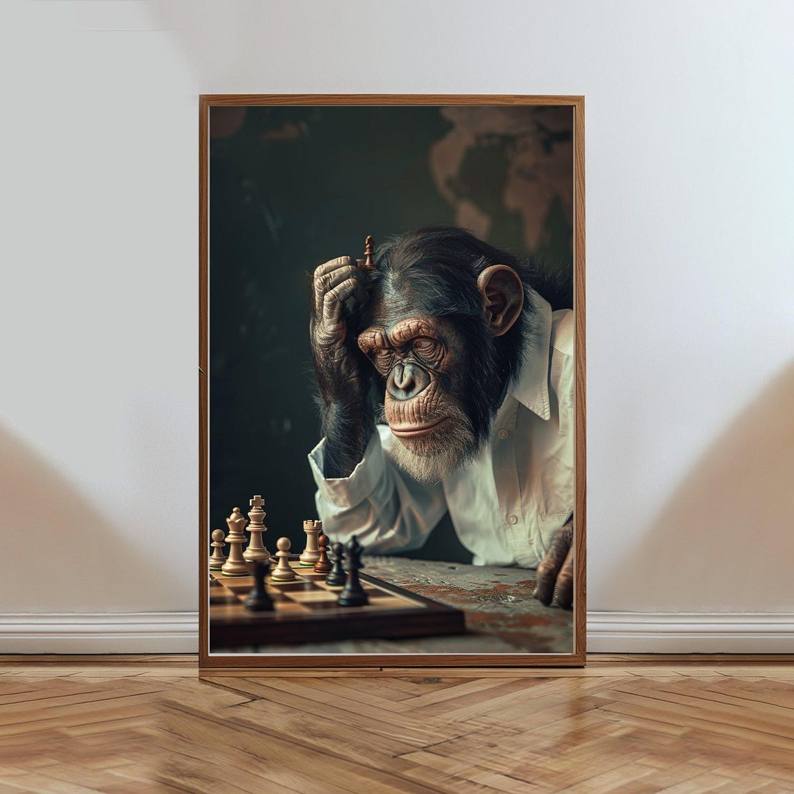 Chimpanzee Playing Chess Funny Thinking Ape Portrait Animal Poster