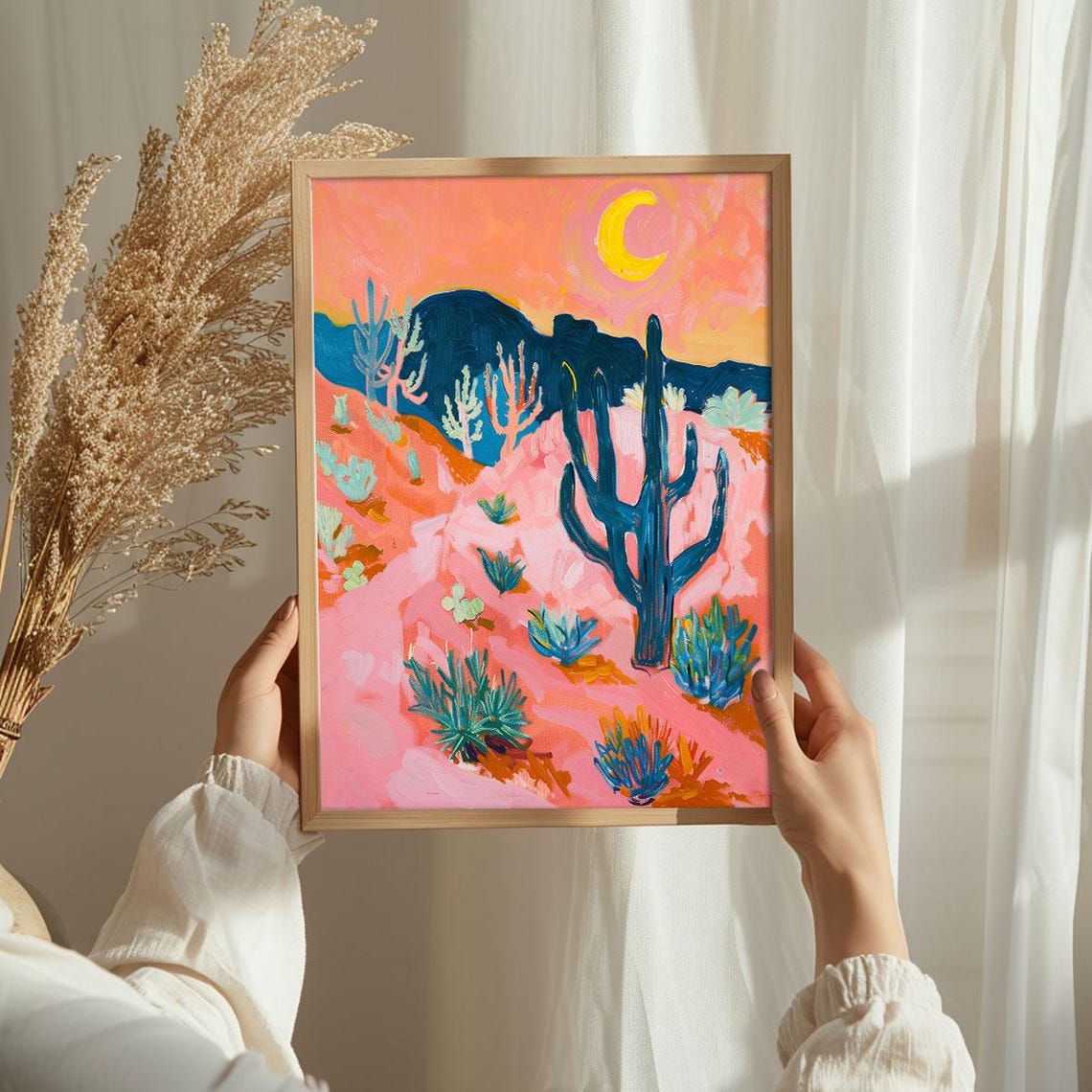 Crescent Moon Desert Cactus Pink Turquoise Night Landscape Poster - Image 3