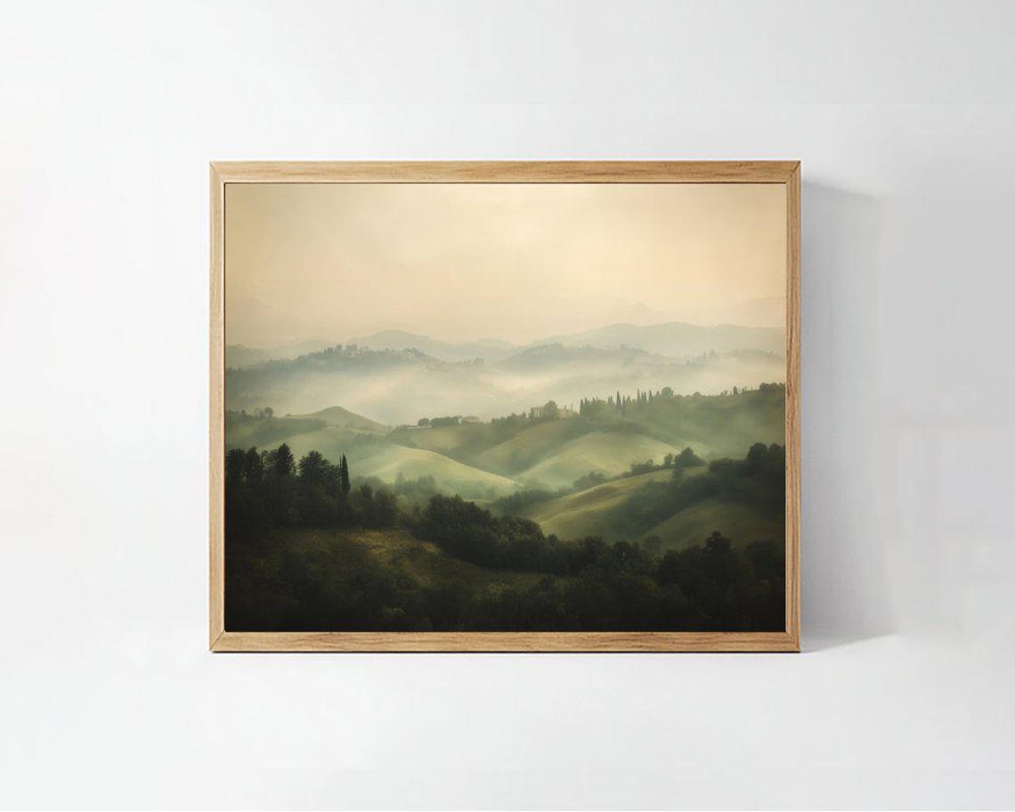 Misty Rolling Hills at Dawn Soft Sepia Countryside Art Poster