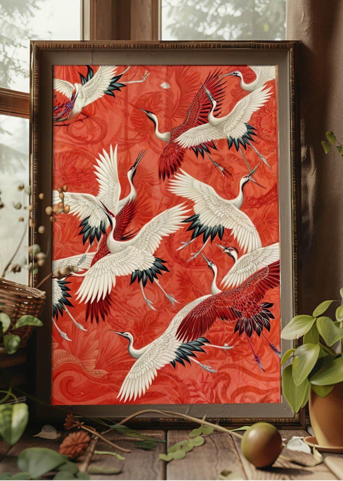 White Cranes In Flight Red Japanese Style Bird Artwork Poster - Image 2