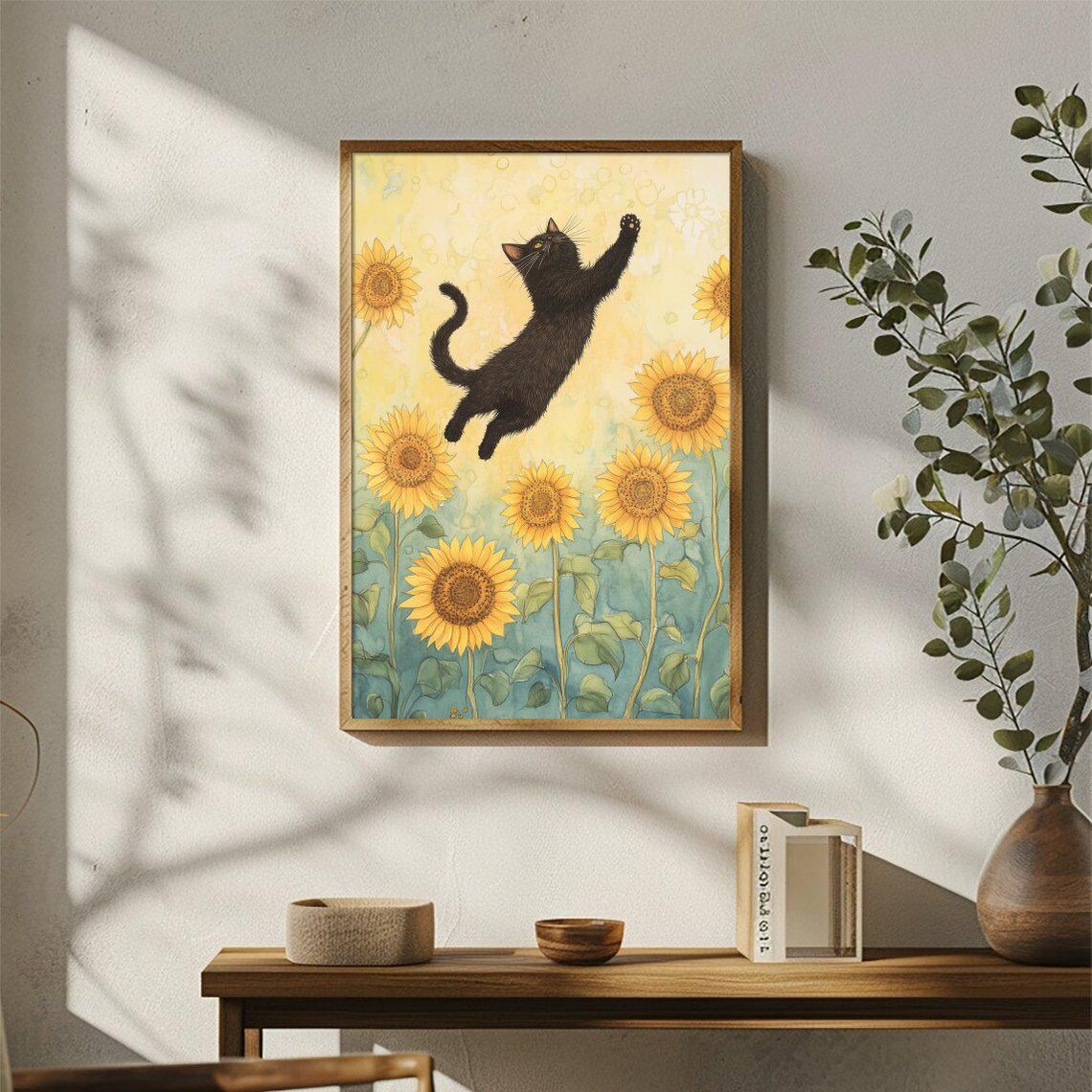 Black Cat Leaping Among Sunflowers Watercolor Playful Poster - Image 3