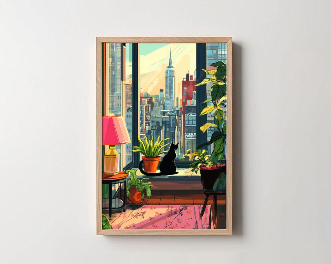 Black Cat on Windowsill Gazing at New York City Skyline Poster