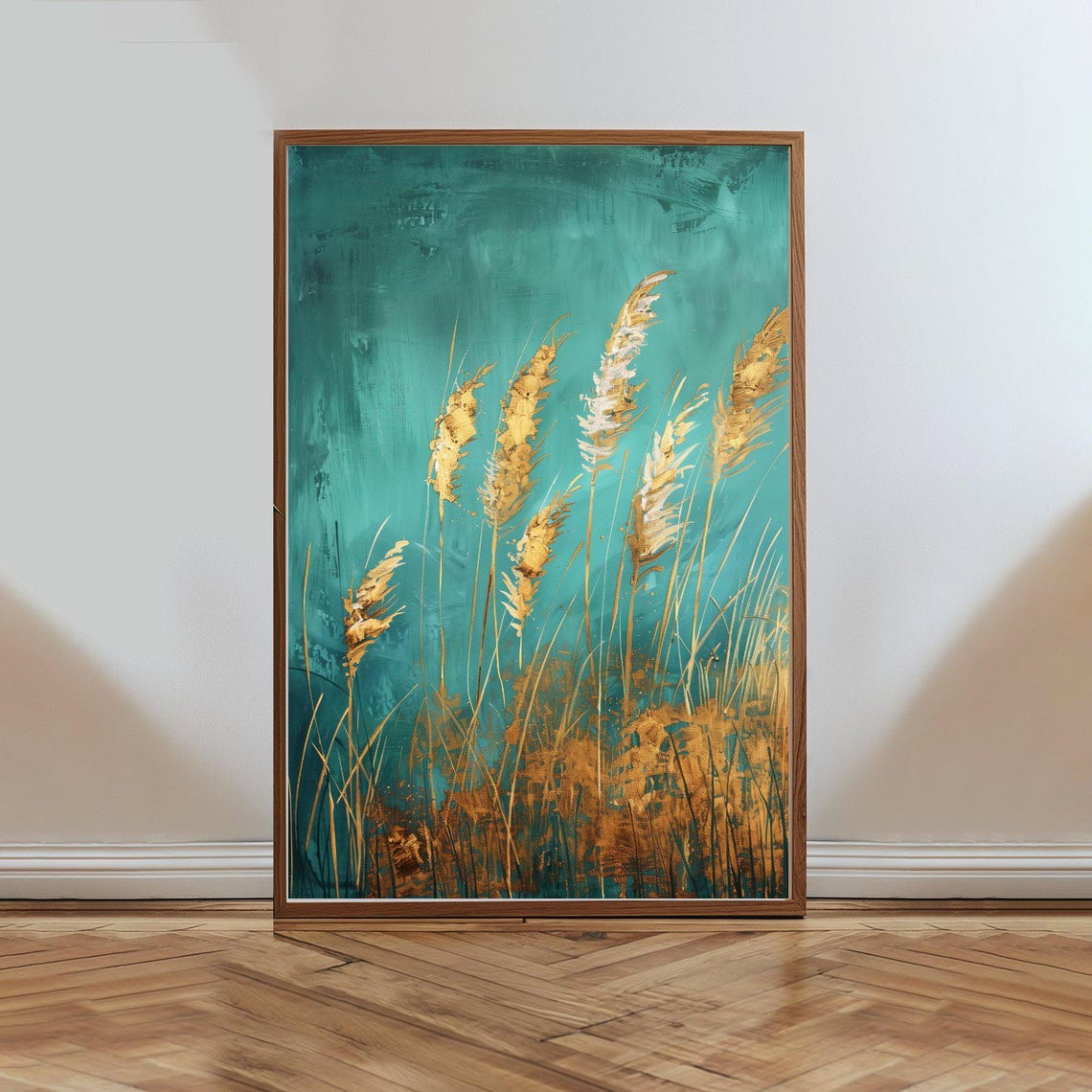 Gold Wheat Stalks Teal Background Modern Abstract Botanical Poster