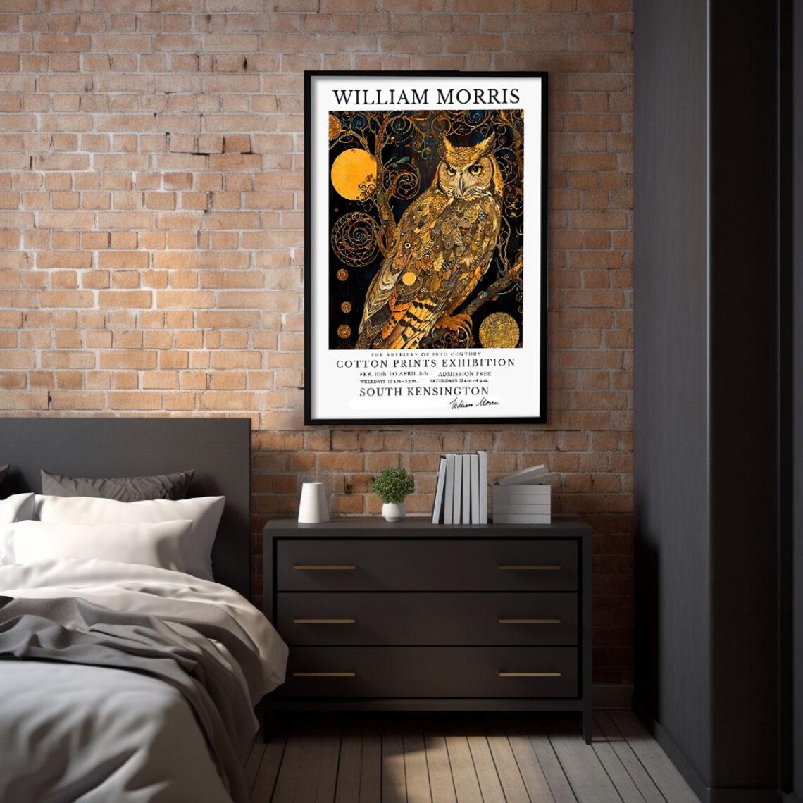 William Morris Golden Owl Moon Ornate Cotton Prints Exhibition Poster - Image 2