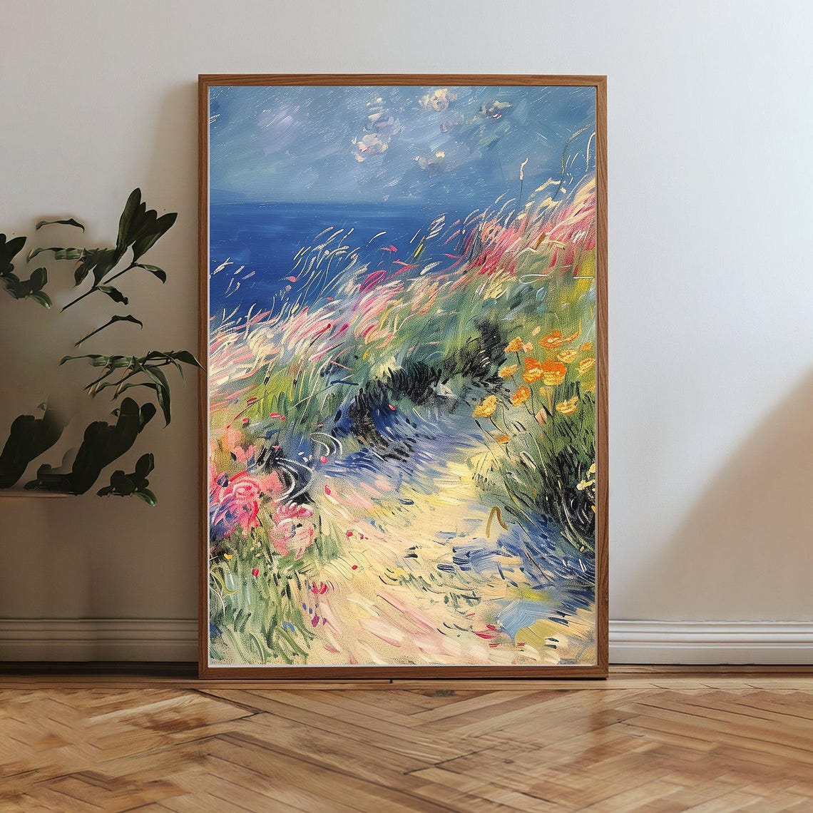 Colorful Coastal Path Wildflowers Impressionist Seaside Art Poster