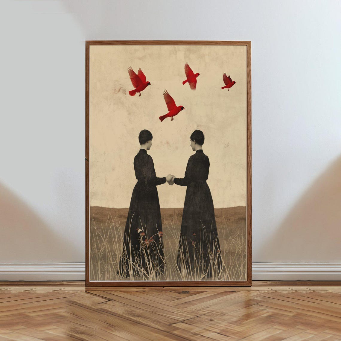 Twin Women Holding Hands Red Birds Surreal Vintage Art Poster