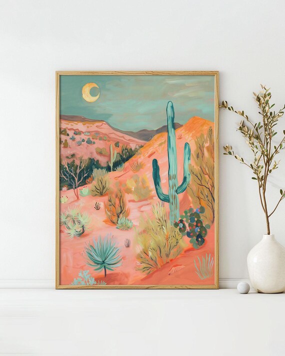 Desert In Twilight Art Poster Midcentury Modern Travel Wall Art Painting As Print Unique Design
