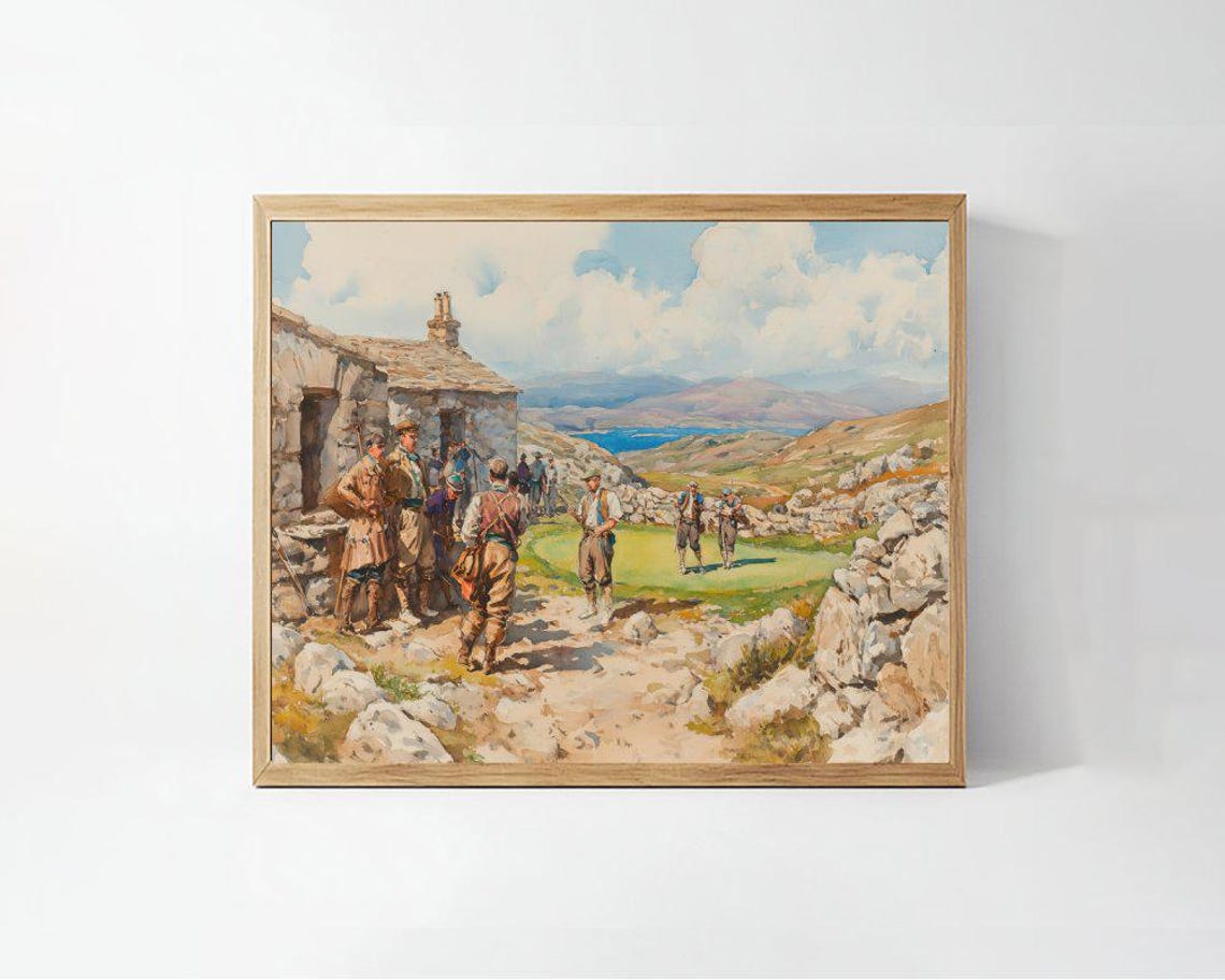 Vintage Golfers Gathering by Stone Hut Rocky Links Course Poster