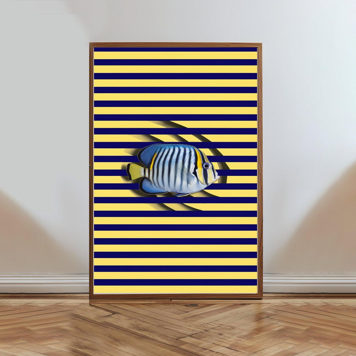 Striped Angelfish On Bold Yellow Navy Optical Art Graphic Poster