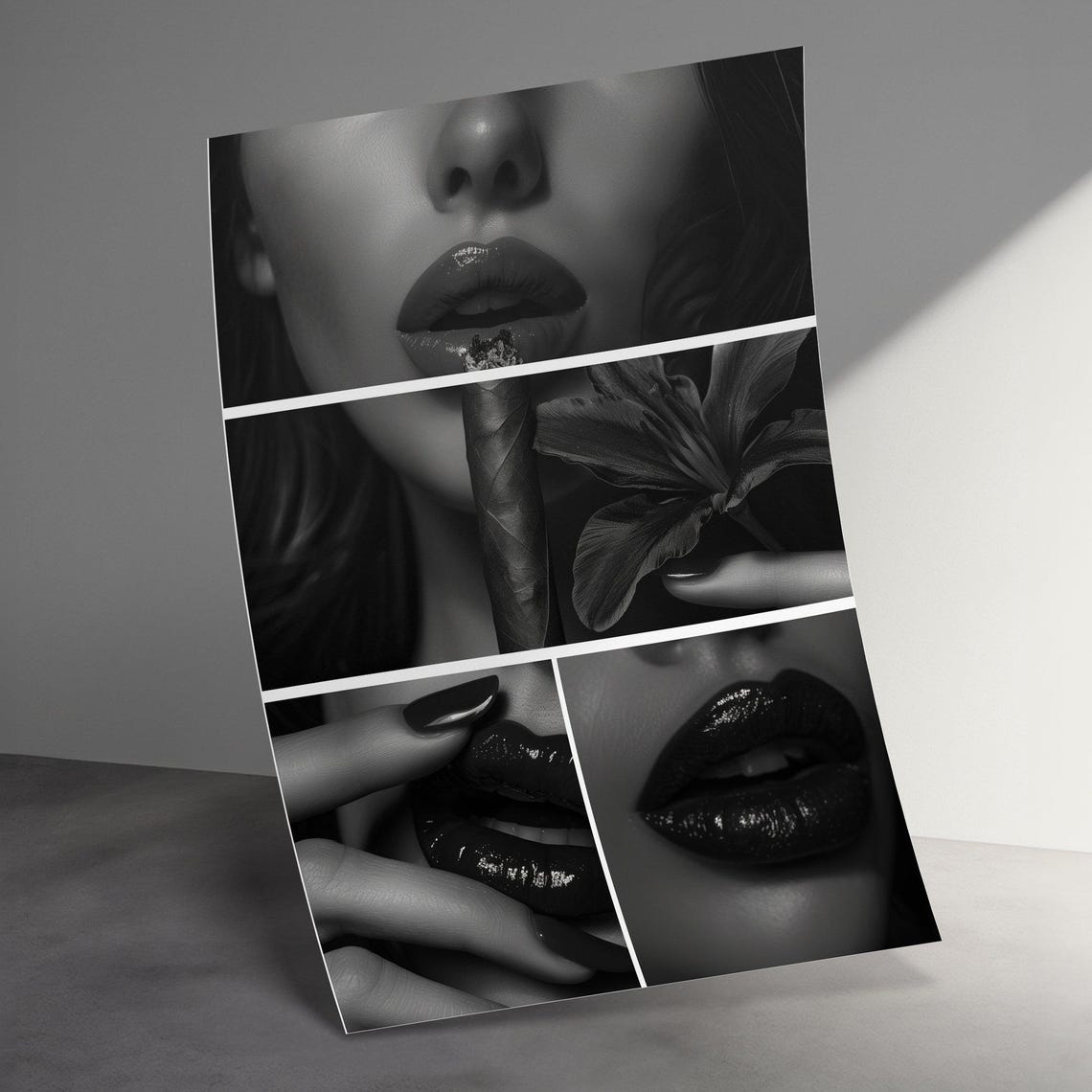 Dramatic Black And White Glossy Lips Close Up Collage Beauty Poster - Image 3