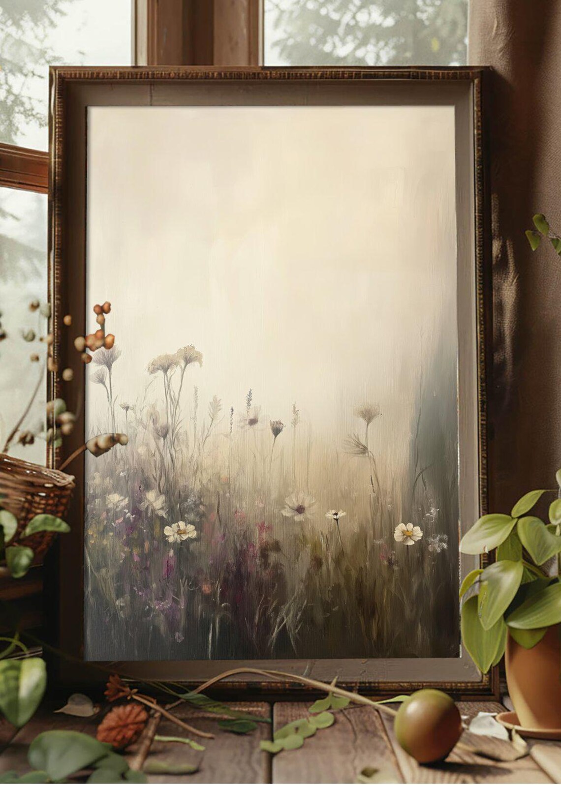 Misty Wildflower Meadow Cream Sunrise Soft Nature Art Poster - Image 2