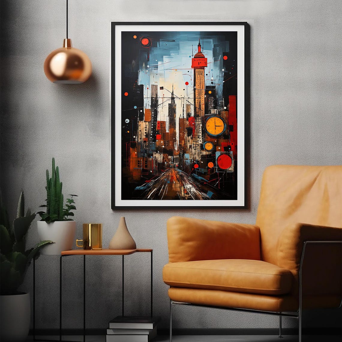 Bold City With Clocks Abstract Night Skyline Modern Art Poster - Image 2