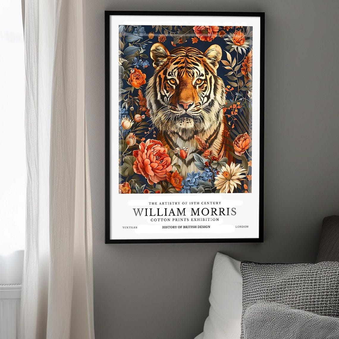 William Morris Tiger Portrait Floral Dark Botanical Exhibition Poster - Image 2