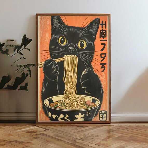 Cute Black Cat Eating Ramen Wall Art Anime Inspired Kitchen Decor Delicious Noodle Art Japanese Food Illustration