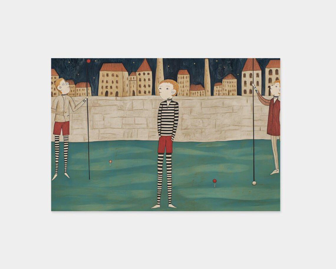 Quirky Striped Sock Figures Fishing at Night City Whimsy Poster - Image 2