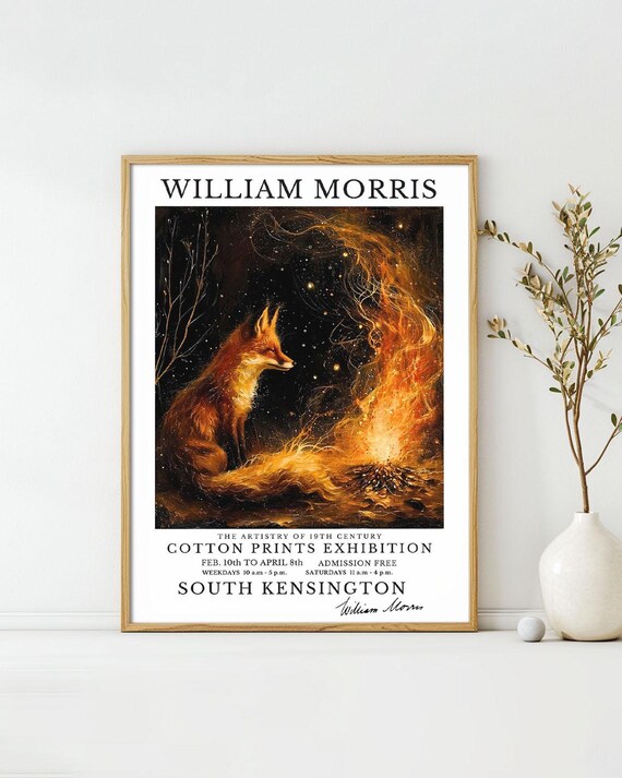 William Morris Fox Beside Campfire Night Cotton Prints Exhibition Poster