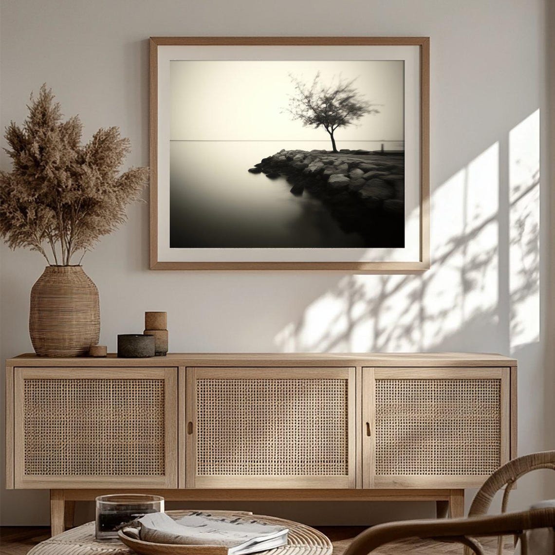 Minimalist Lone Tree on Rocky Shore Long Exposure Lake Poster - Image 3