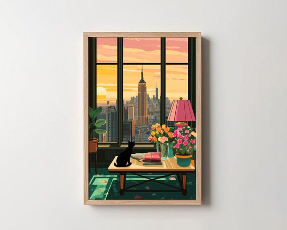 Black Cat by Window at Sunset Over New York City Skyline Poster