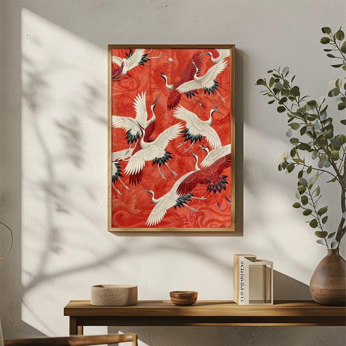 White Cranes In Flight Red Japanese Style Bird Artwork Poster - Image 3