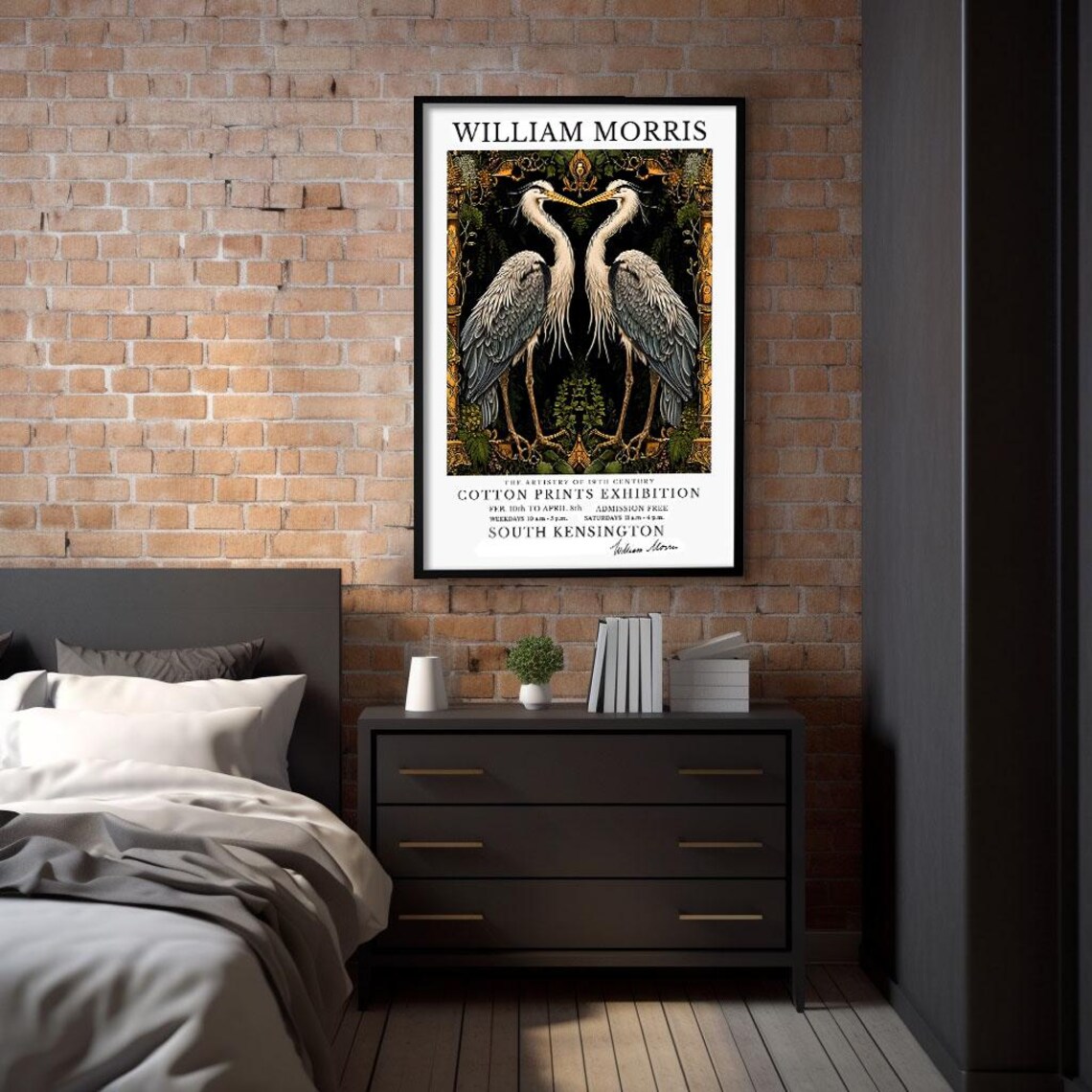 William Morris Two Herons Mirror Ornate Cotton Prints Exhibition Poster - Image 2