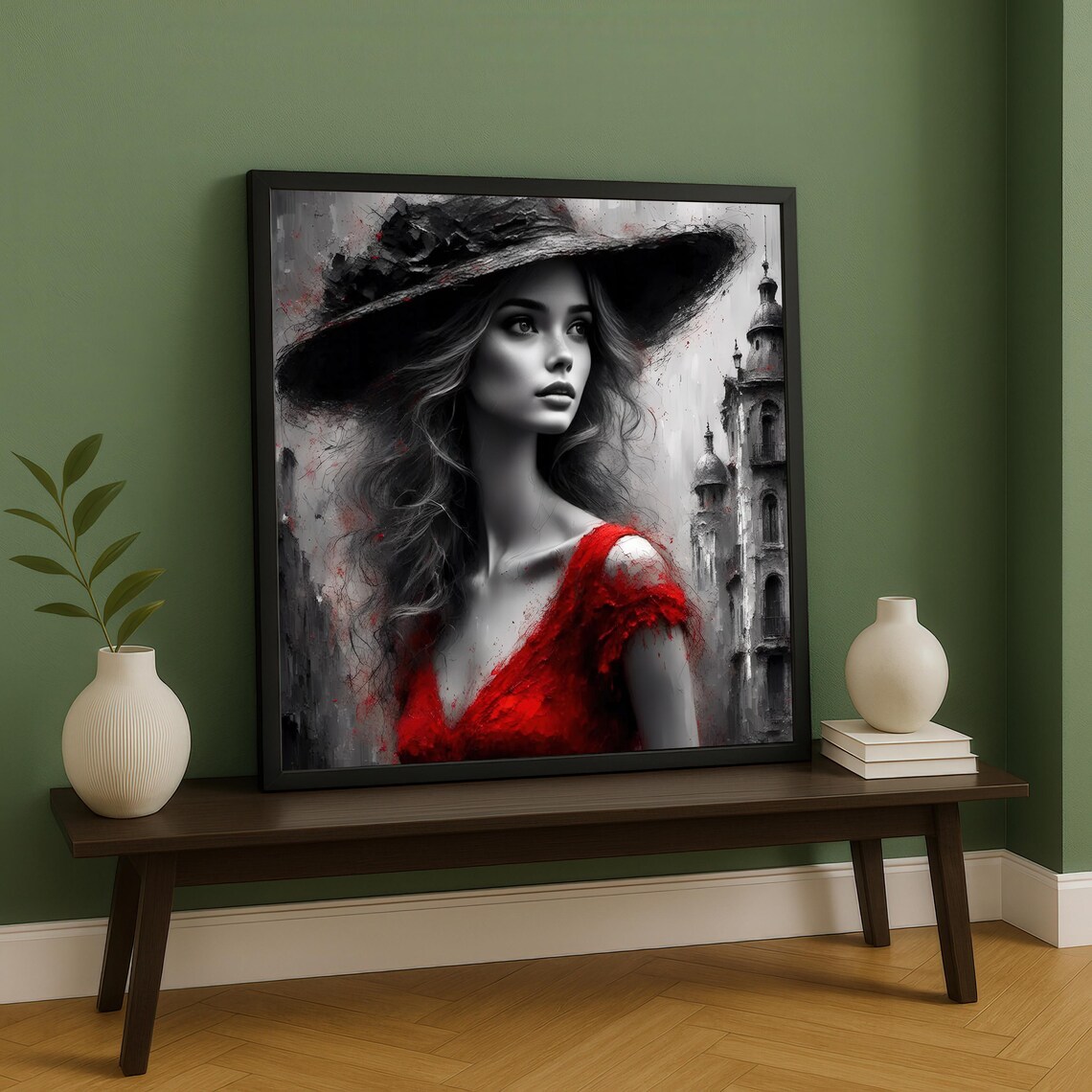Elegant Woman In Red Dress And Wide Hat Portrait Painting Print