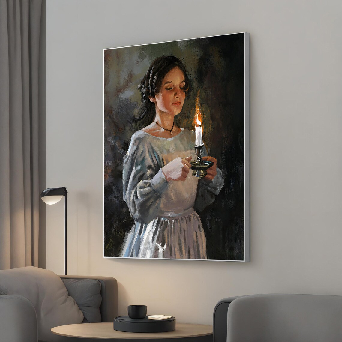 Candlelight Girl Vintage Oil Painting Woman Holding Candle Art Print