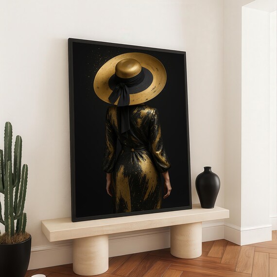 Elegant Woman In Black And Gold Hat Digitally Illustrated Fashion Wall Art Modern Glamour Canvas Print