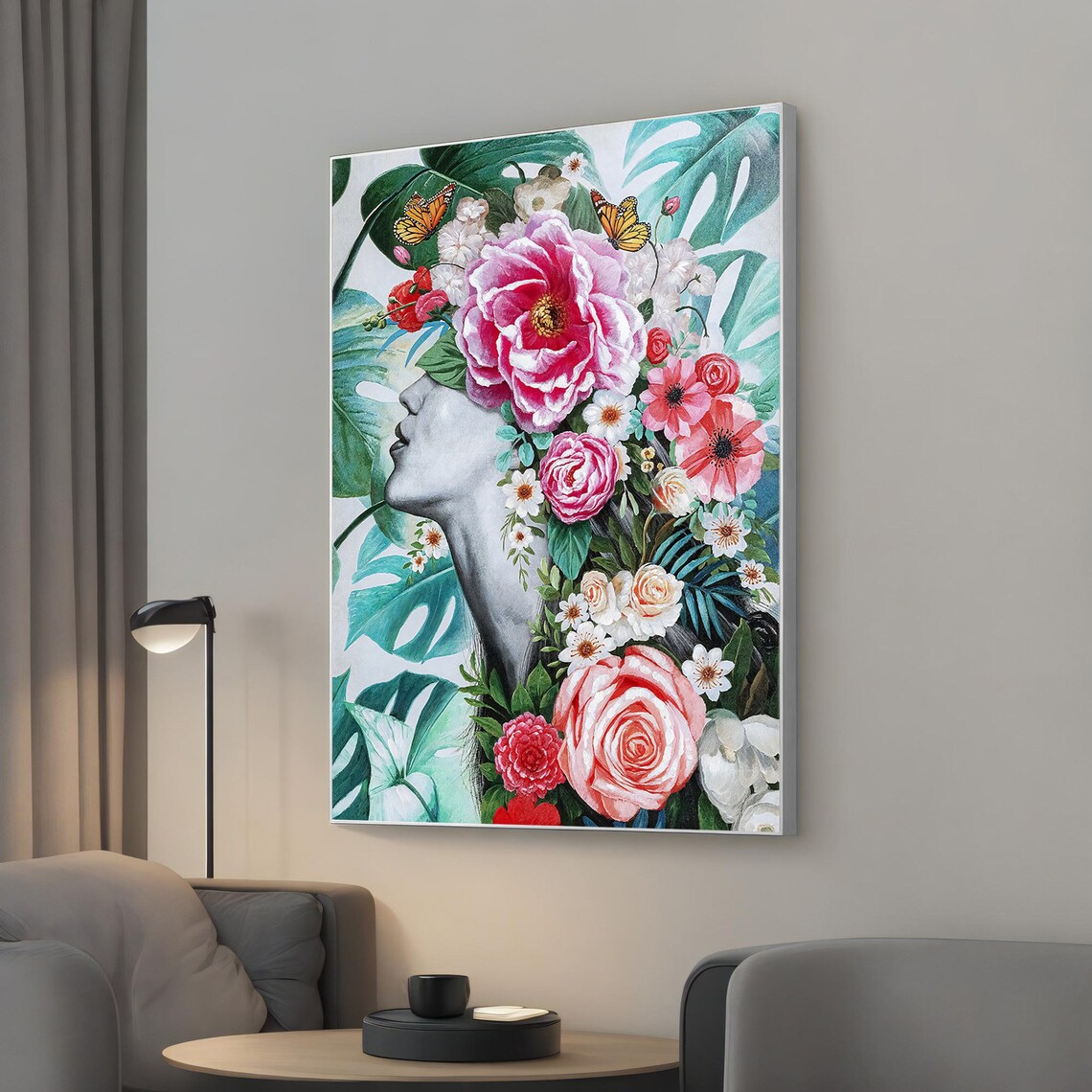Woman Profile Pink Peony Floral Bouquet Monstera Butterfly Art Poster