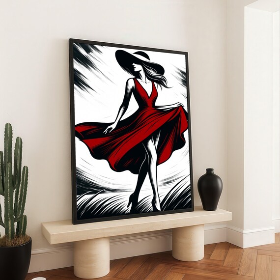 Elegant Woman In Red Dress Canvas Fashion Art Print Silhouette Wall Decor Stylish Female Figure Modern Home Decoration