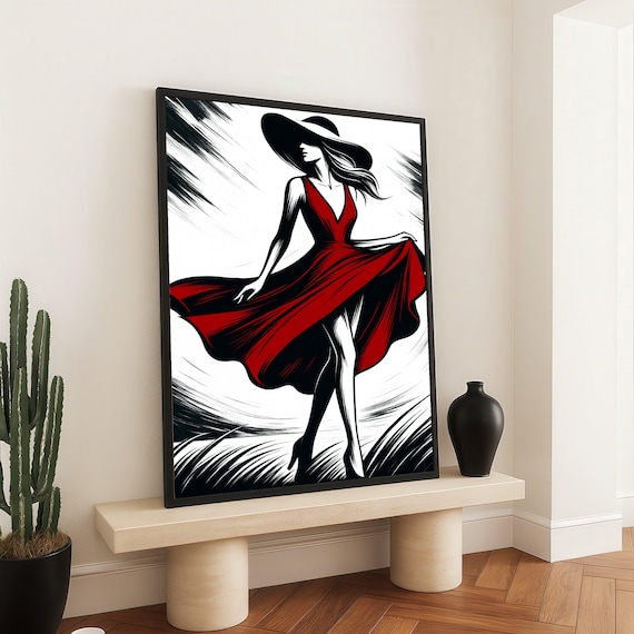 Lady In Flowing Red Dress Wide Brim Hat Fashion Illustration Poster