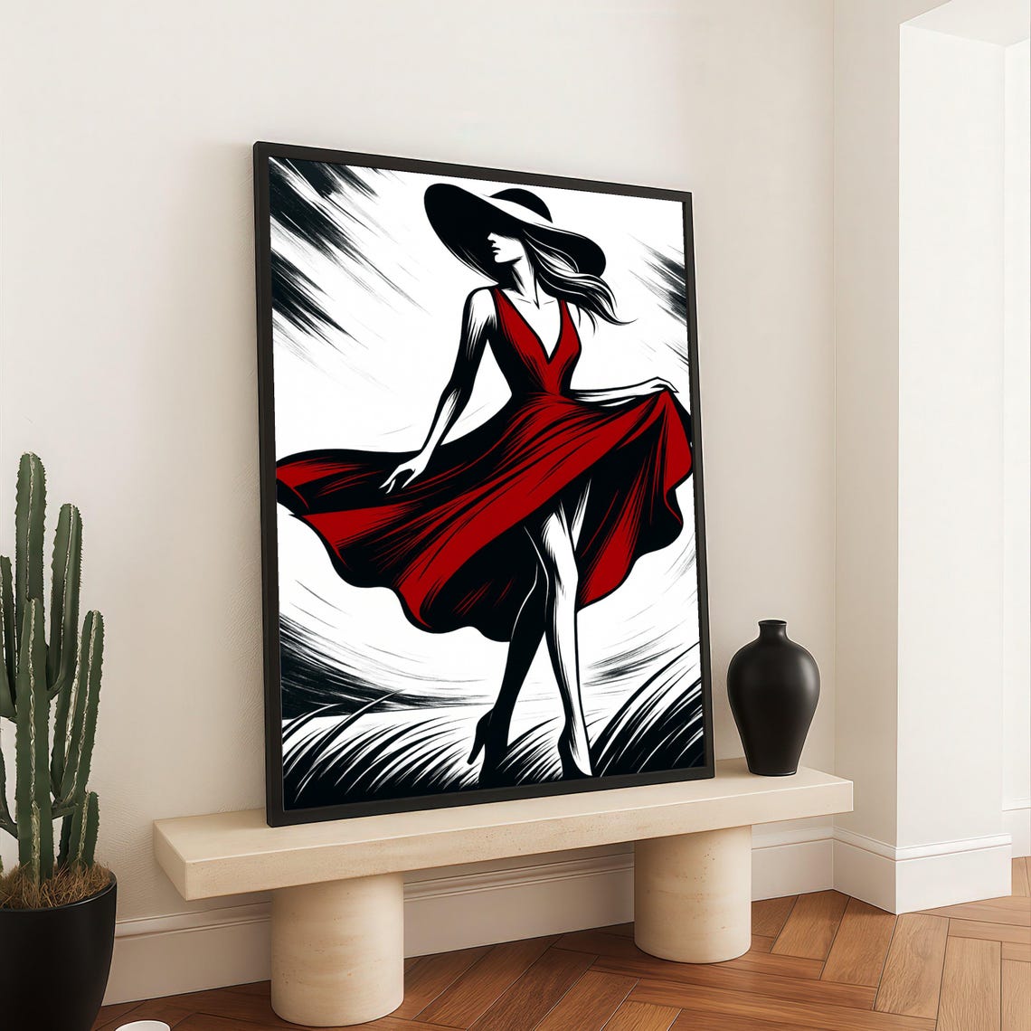 Elegant Woman In Red Dress Canvas Fashion Art Print Silhouette Wall Decor Stylish Female Figure Modern Home Decoration