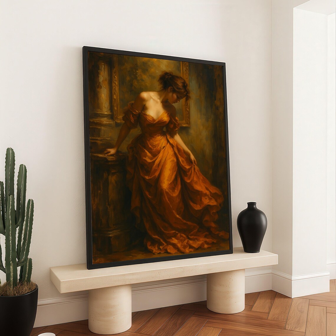 Elegant Woman Flowing Orange Dress Classical Oil Painting Art Poster