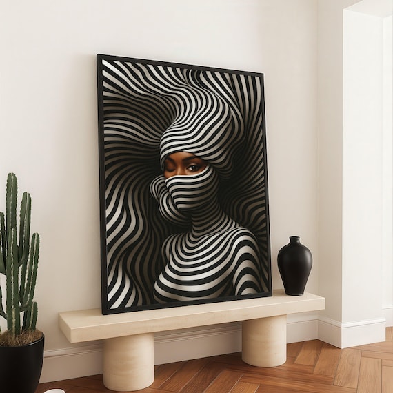 Black and White Striped Portrait Poster Optical Illusion Modern Artwork